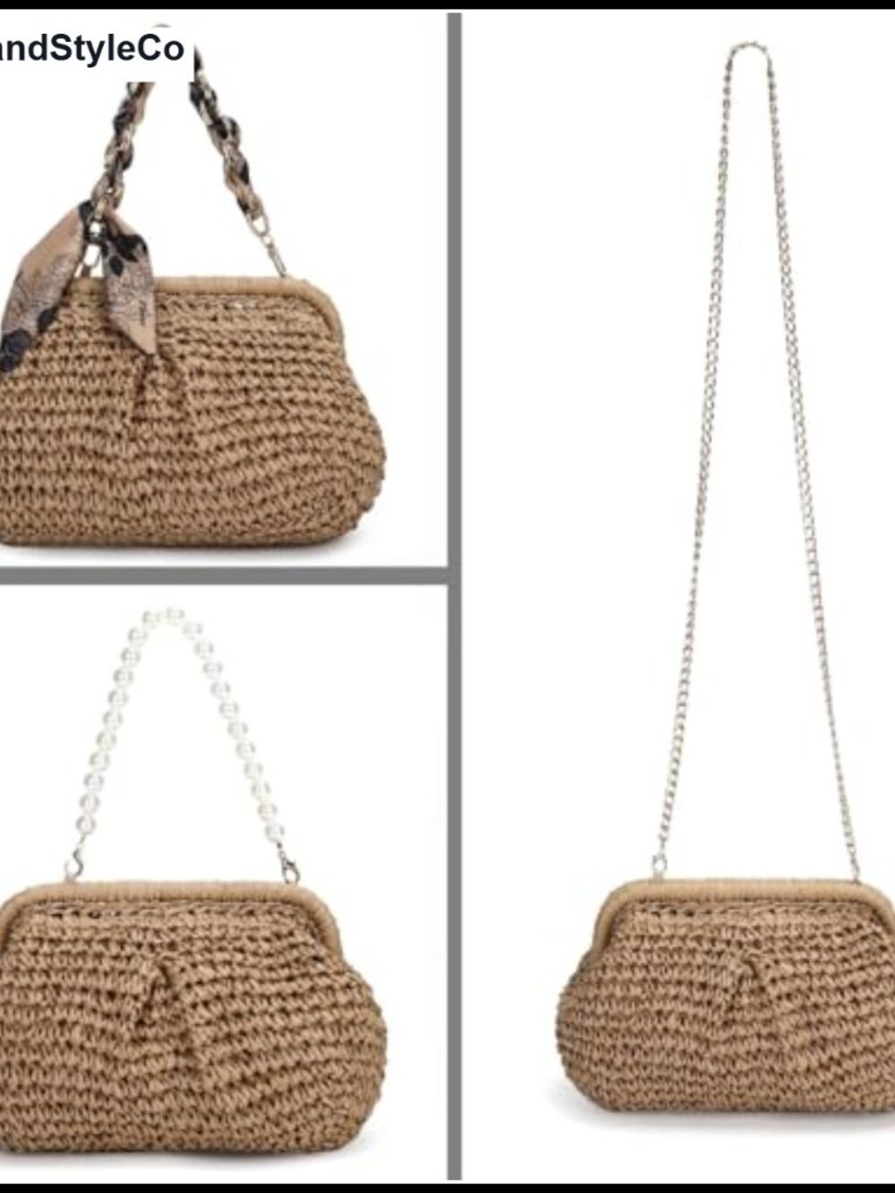 Straw Dumpling Clutch Crossbody Bag with Pearl Chain and Silk Scarf Chain - Picture 3 of 6